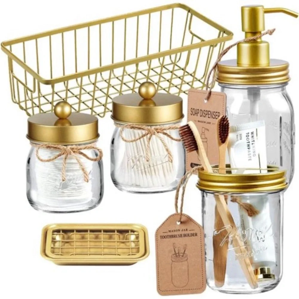 Premium Mason Jar Bathroom Accessory Set Rustic Farmhouse Decor Gold NWT
